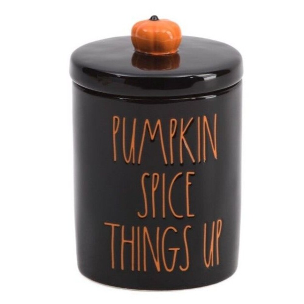 Rae Dunn Fall Halloween Canister Jar with Lid "Pumpkin Spice Things Up" 5x4
